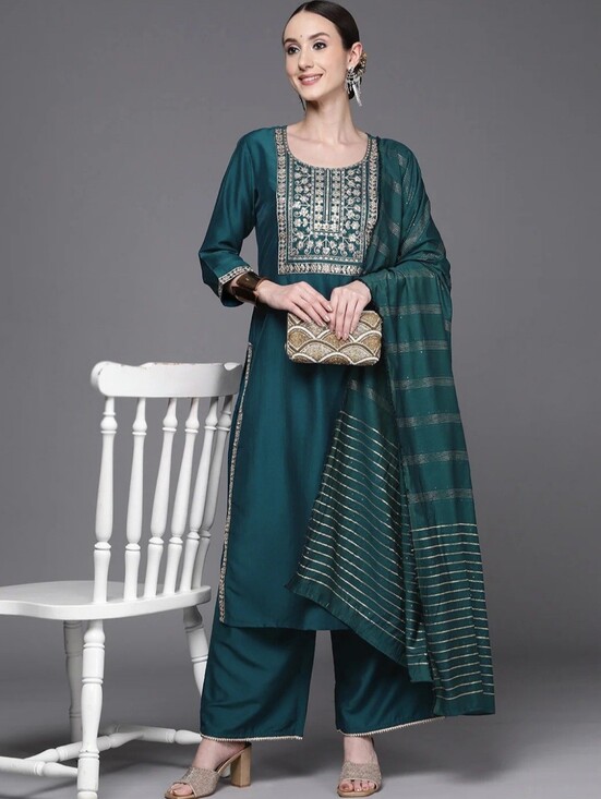 Indo Era Dresses & Skirts - Indian ethic dress/ Elegant Teal Kurta Set with Gold Embroidery & Dupatta